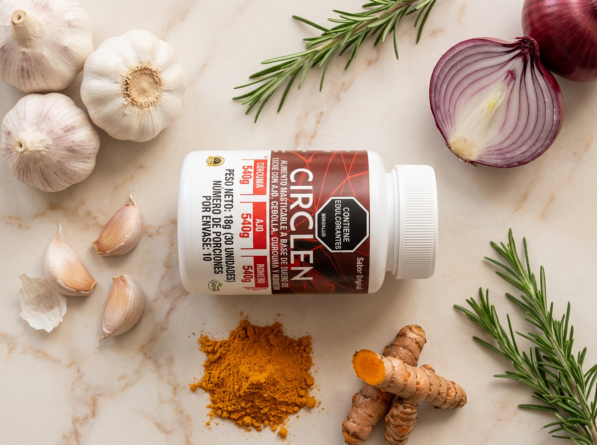 Ingredientes de CIRCLEN: ajo, cúrcuma, cebolla y romero