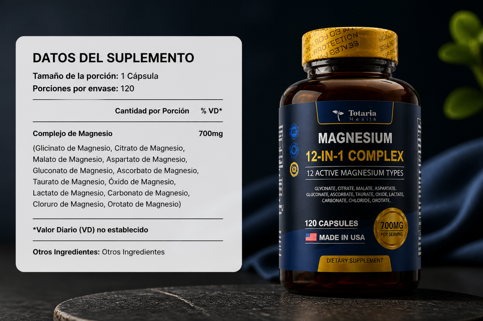 Datos del suplemento Magnesium 12 en 1 Complex · 700 mg · 120 cápsulas
