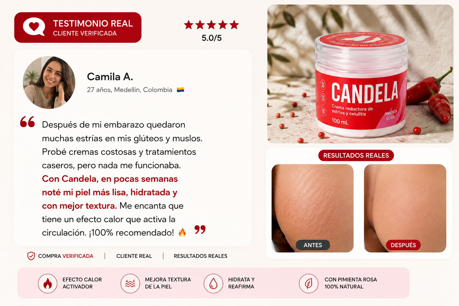 Testimonio verificado de Camila A. con resultados reales usando Candela