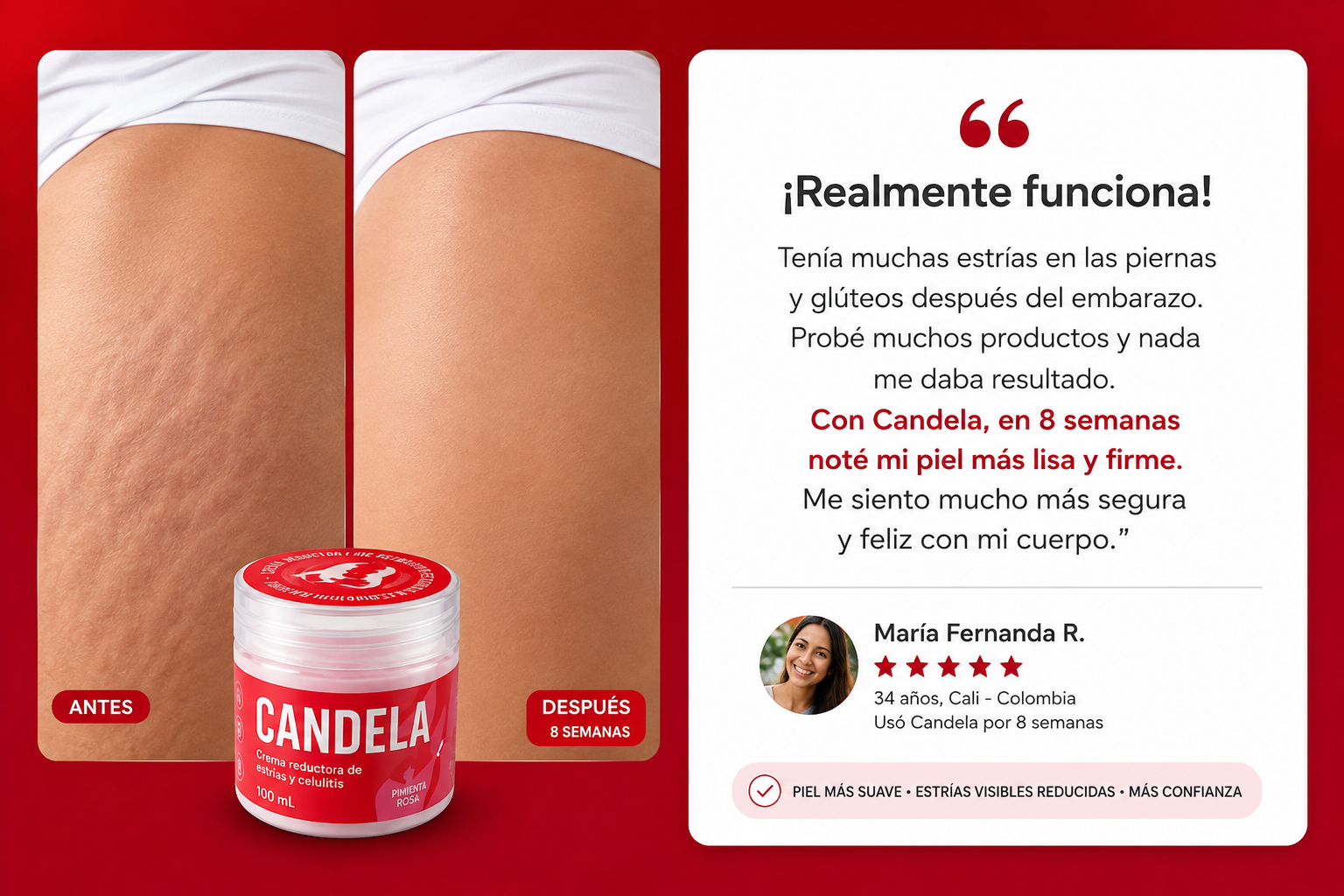 Testimonio real de María Fernanda R. con resultados antes y después usando Candela