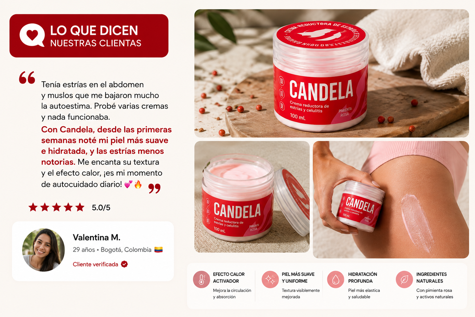 Reseña de Valentina M. sobre la crema Candela y su textura