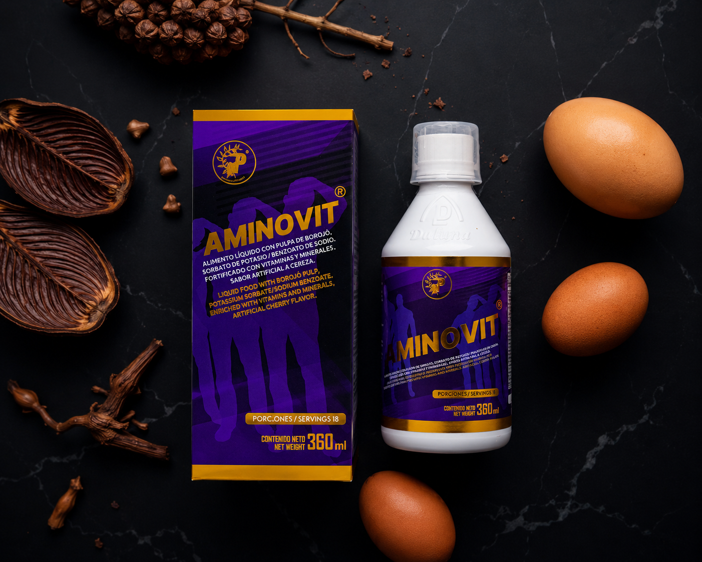 Ingredientes naturales junto al frasco AMINOVIT
