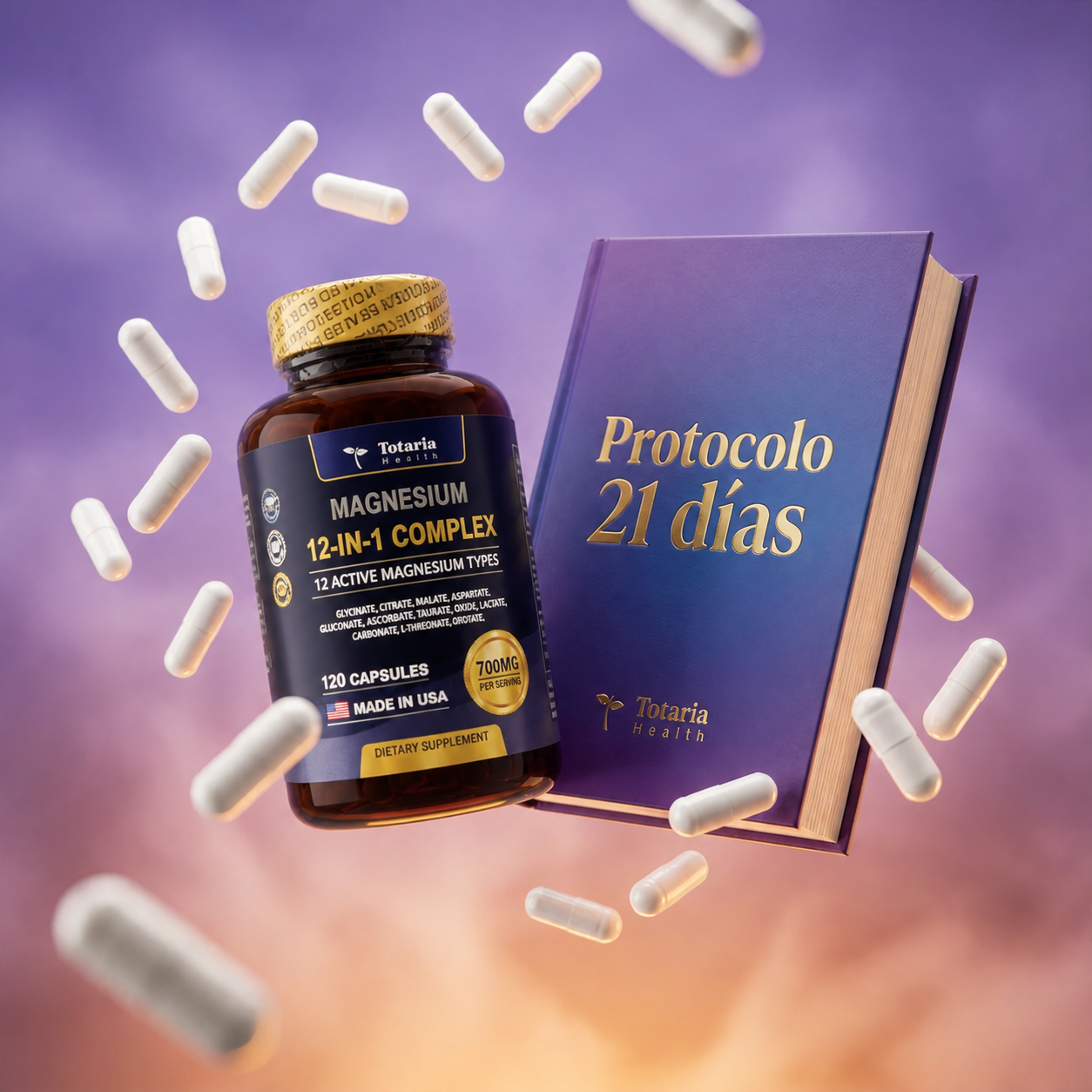 Protocolo 21 días para dormir profundo · libro y cápsulas flotando